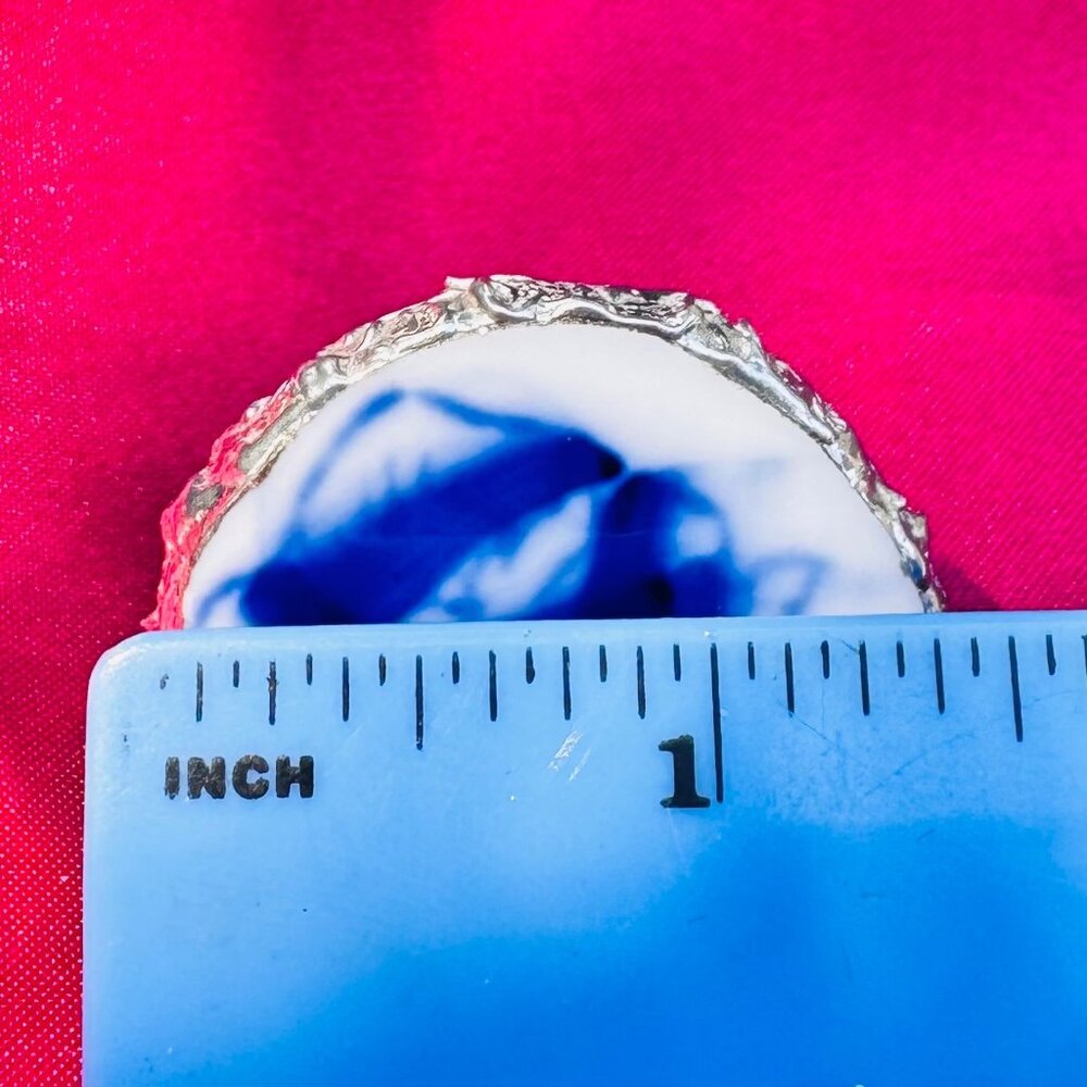 Artisan Silver & Blue Willow China Statement Cocktail Rose Ring Size 9 - Picture 5 of 16